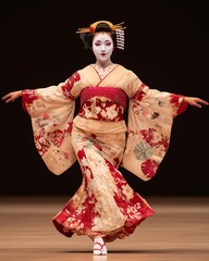 A geisha in a traditional kimono performing a graceful dance.