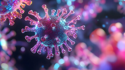 Colorful illustration of a virus surrounded by other particles in a microscopic view, showcasing intricate details under a scientific lens