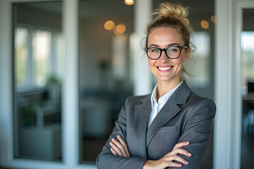 a beautiful blond business woman stands in front of the office and smiles