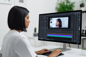 A young Indian woman editor sits at a desk in front of a monitor. Brunette woman video maker with bobbed hair and a white T-shirt edits a video in the studio.