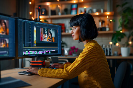 A young Indian woman editor sits at a desk in front of a monitor. A brunette video maker woman with a square hairstyle and a yellow sweater is editing a video at home. Freelance concept.