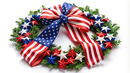 Obraz premium Colorful patriotic ribbon wrapped around a wreath, adorned with stars and stripes, symbolizing American pride, freedom, and national spirit on a white background.
