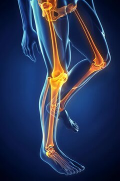 vertical slow motion video of 3D X-ray illustration of human leg bones with highlighted joints