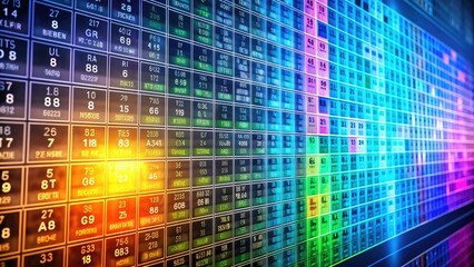 Obraz premium Colorful periodic table element display showing nitrogen, represented by symbol N and atomic number 7, with properties and electron configuration visualized.