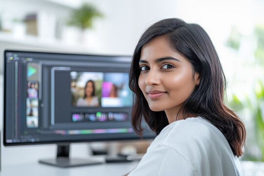 A young Indian woman editor sits at a desk in front of a monitor. Brunette woman Video maker in a white T-shirt edits a video in the studio.
