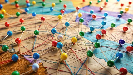 Colorful pushpins and string create a network of connections across a large map of the United States, highlighting voting patterns and election data.