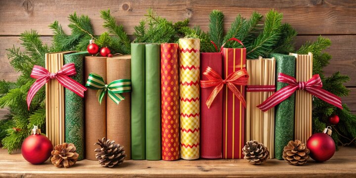 Colorful row of books adorned with lavish Christmas decorations, ribbons, and ornaments, surrounded by festive greenery, with ample copy space for your holiday message.