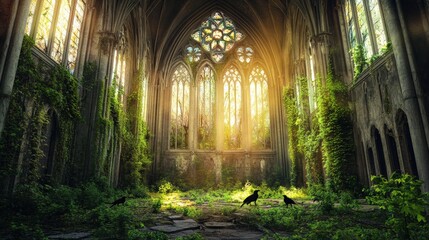 Fototapeta premium A church with vines growing on the walls and a stained glass window