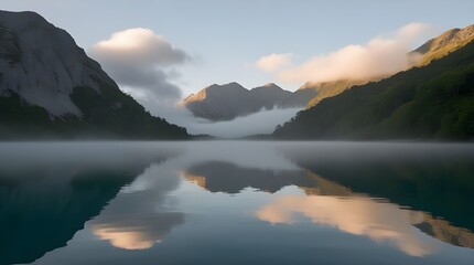 Imagine a tranquil mountain lake, its calm waters mirroring the soft, white clouds drifting lazily across the sky, with a few wispy strands tickling the rugged surrounding peaks, amidst a backdrop of 