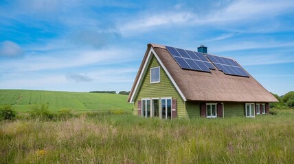 Obraz premium Solar panels on the house. Green grass house in field under blue sky, exterior of ecology and environmentally friendly house architecture. Conceptual image, clean energy, conservation