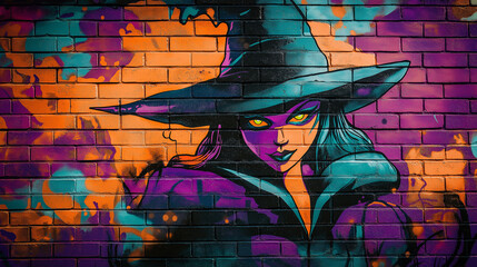 Pop art comic street graffiti with a retro witch on a brick wall.