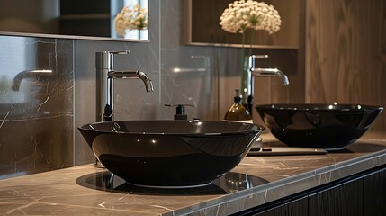Washroom with custom vanity and sleek fixtures