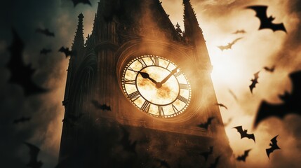 A clock tower with bats flying around it