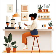 A smiling woman sitting on chair holding and using a smartphone with happily  in a coffee shop, cartoon character, social media, social networks and technology concept.