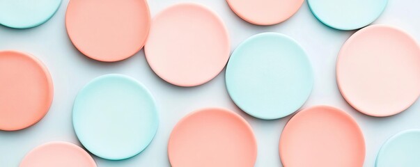 Obraz premium Faded pastel circles with light coral and sky blue, soft color palette, playful abstract