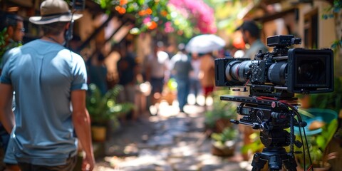 Naklejka premium Camera on a Tripod Capturing a Scene with a Blurred Background of People