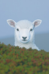 Obraz premium A charming image of a white lamb with small ears peeking over green bushes, set in an outdoor environment. The lamb's innocence is encapsulated in this serene setting.