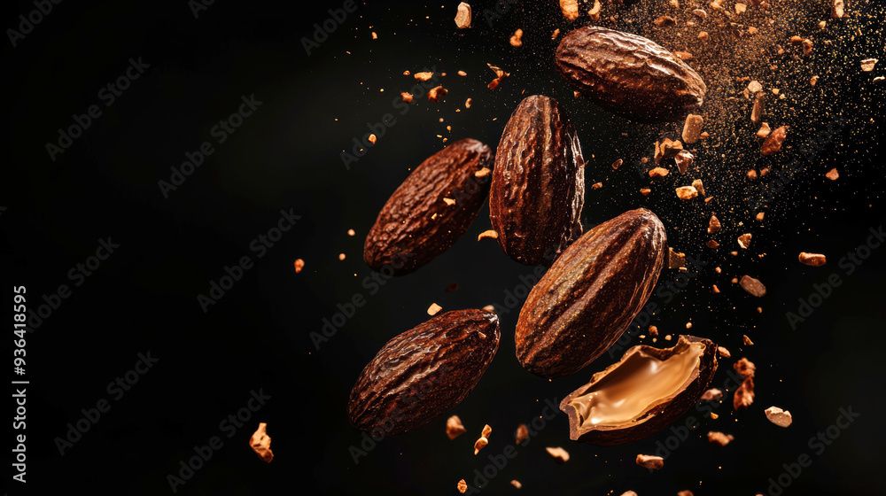 Wall mural whole cocoa beans and cocoa nibs exploding in mid-air against a dark background, showcasing the raw 