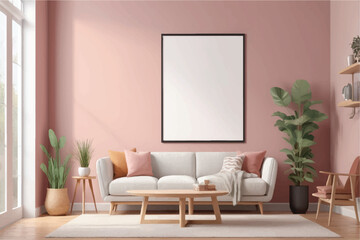 Mock up poster frame in Scandinavian style interior with wooden furnitures. Minimalist interior design. 3D illustration.