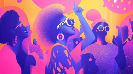 Colorful figures dance joyfully, surrounded by an energetic vibe, expressing love for music in a lively gathering