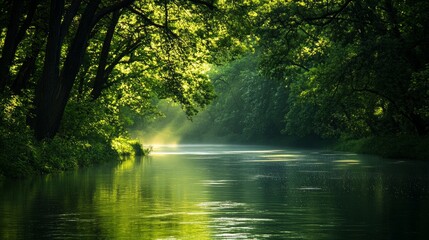 Morning Serenity by the River, a wide river flows through a lush forest, towering trees glisten with crystal-clear dewdrops, embodying tranquility in a fresh green landscape.