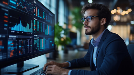 Fototapeta premium A team of financial analysts conducting a deep dive into a company's financial performance, using advanced software and visualizations.