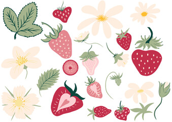 Set of Stylized Strawberries with Flowers and Leaves in Soft Pastel Colors - Clipart