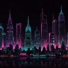 Fototapeta premium A T-shirt design featuring neon lit cityscapes robotic figures and glitchy text elements.