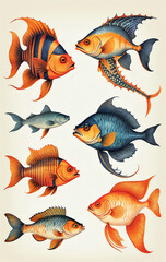 Fototapeta premium Illustrative and colorful depiction of fishes of different kind in color and shape in a drawn appearing style