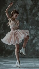 A talented figure skater glides effortlessly across the ice, her soft pink costume twirling with each spin. The backdrop adds an artistic touch to her elegant movements