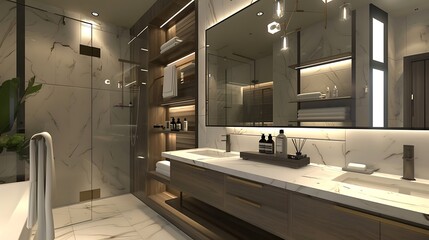 Washroom with custom vanity and sleek fixtures