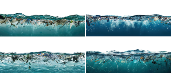 Set of oceanic plastic waste scenes, cut out