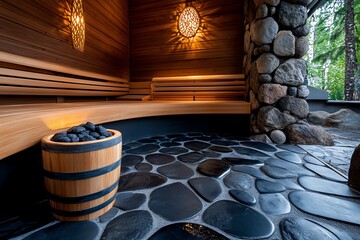 Naklejka premium A spa sauna room with wooden benches, hot stones, and a bucket of water for creating steam, offering a warm, detoxifying environment