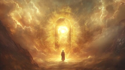 A lone figure approaches a glowing portal in a celestial landscape