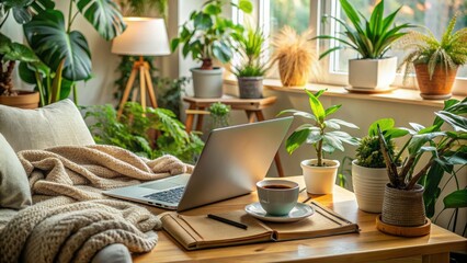 Cozy home office setup with laptop, books, and coffee, surrounded by plants, soft blankets, and calming decor, evoking a sense of comfort and isolation.