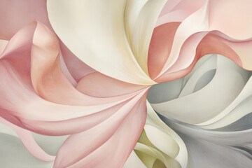 An abstract painting showcasing fluid, petal-like forms in soft pastel shades of pink, white, and beige. The gentle curves and hues evoke a sense of elegance and calmness.