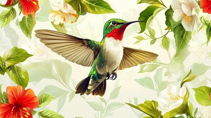 Enchanting Exotic Spring Flowers and Flying Hummingbirds Seamless Print for Nature Lovers and Design Enthusiasts