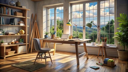 Cozy interior of a modern room with a large window, wooden desk, and chair, where a creative person is surrounded by scattered paper and pencils.