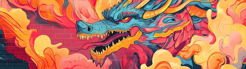 Obraz premium Vibrant dragon artwork featuring swirling flames and bold colors, perfect for fantasy and mural enthusiasts.