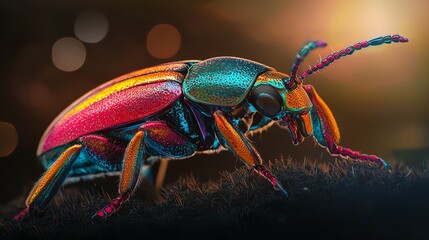 Fototapeta premium Vibrant macro shot of a colorful beetle showcasing iridescent colors and intricate details against a soft background.