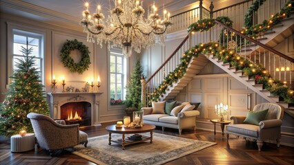 Cozy living room ambiance featuring elegant decor, garland-adorned staircase, and a sparkling chandelier, perfect for a joyful New Year's celebration at home.