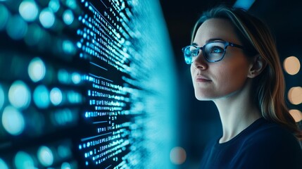 Woman in tech, illuminated by blue data light, focused on advanced cybersecurity systems, Generative AI