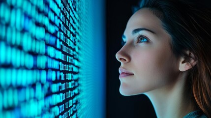 Woman in tech, illuminated by blue data light, focused on advanced cybersecurity systems, Generative AI