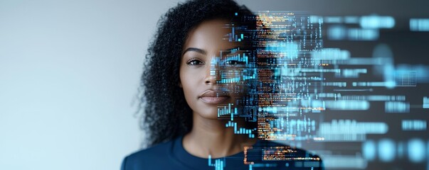 AI-focused digital art showing a Black female IT professional, blending human features with cybersecurity data streams, Generative AI