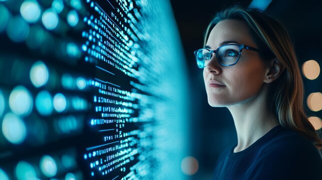 Woman in tech, illuminated by blue data light, focused on advanced cybersecurity systems, Generative AI