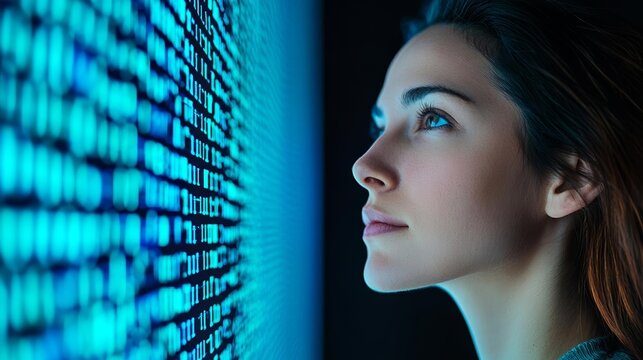 Woman in tech, illuminated by blue data light, focused on advanced cybersecurity systems, Generative AI