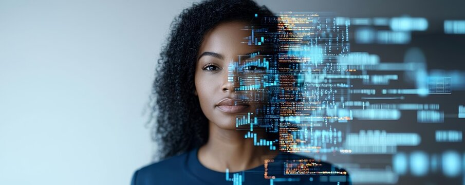 AI-focused digital art showing a Black female IT professional, blending human features with cybersecurity data streams, Generative AI