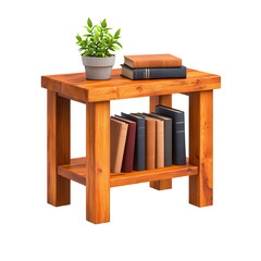 Wooden side table with books and a potted plant, perfect for home decor and enhancing interior spaces. Isolated on transparent or white background.