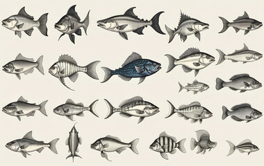 Fototapeta premium Illustrative and colorful depiction of fishes of different kind in color and shape in a drawn appearing style