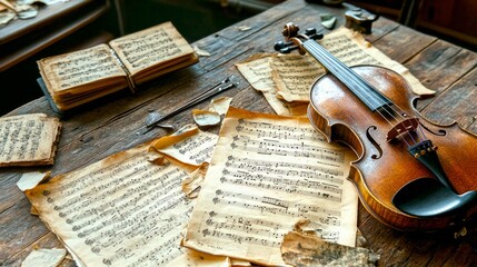 Fototapeta premium An antique violin rests on a weathered table surrounded by scattered, aged sheet music. The warm tones evoke a nostalgic atmosphere for music lovers and artists. Musical history comes alive. AI